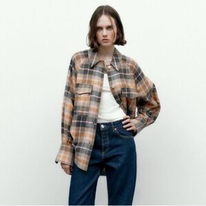 Zara Oversized Plaid Shacket Overshirt Flannel Jacket Tan Pink Navy